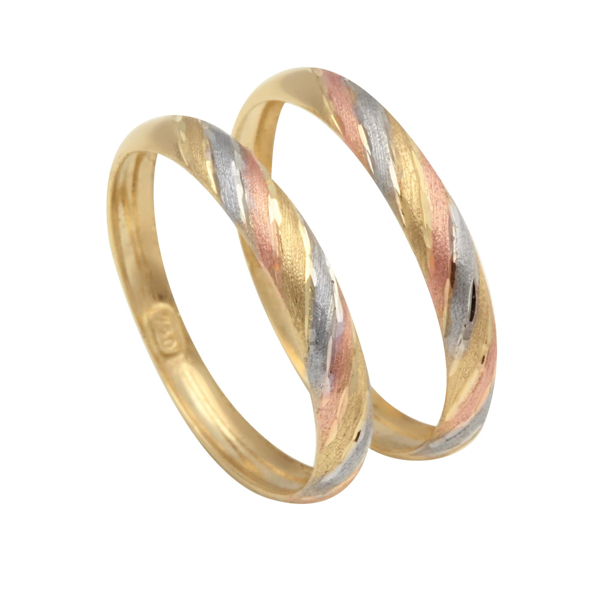 Anel Par de Aparador Tricolor Diamantado Diagonal Ouro 18k