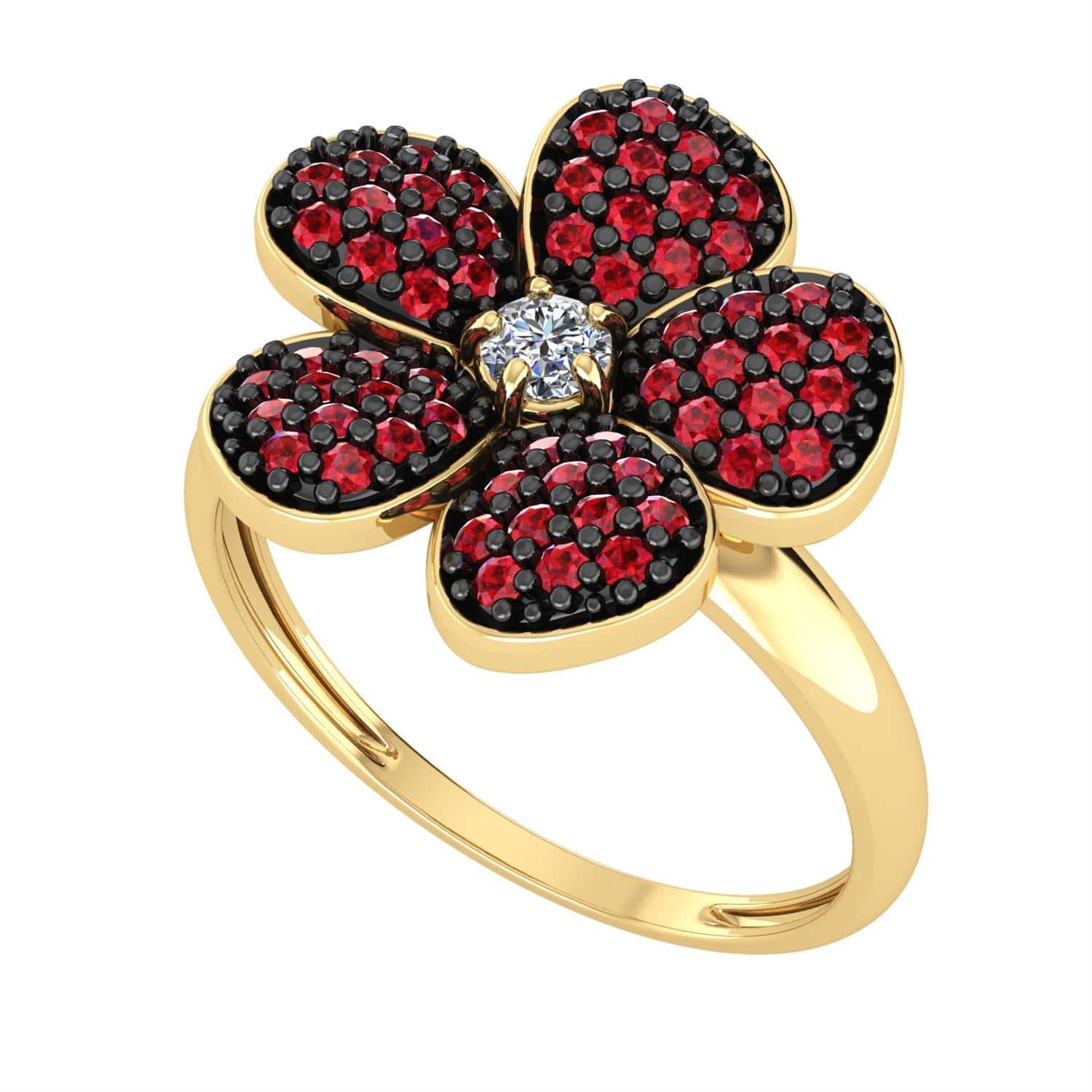 Anel Flor com Zircônias Vermelhas e Ródio Negro Ouro 18k