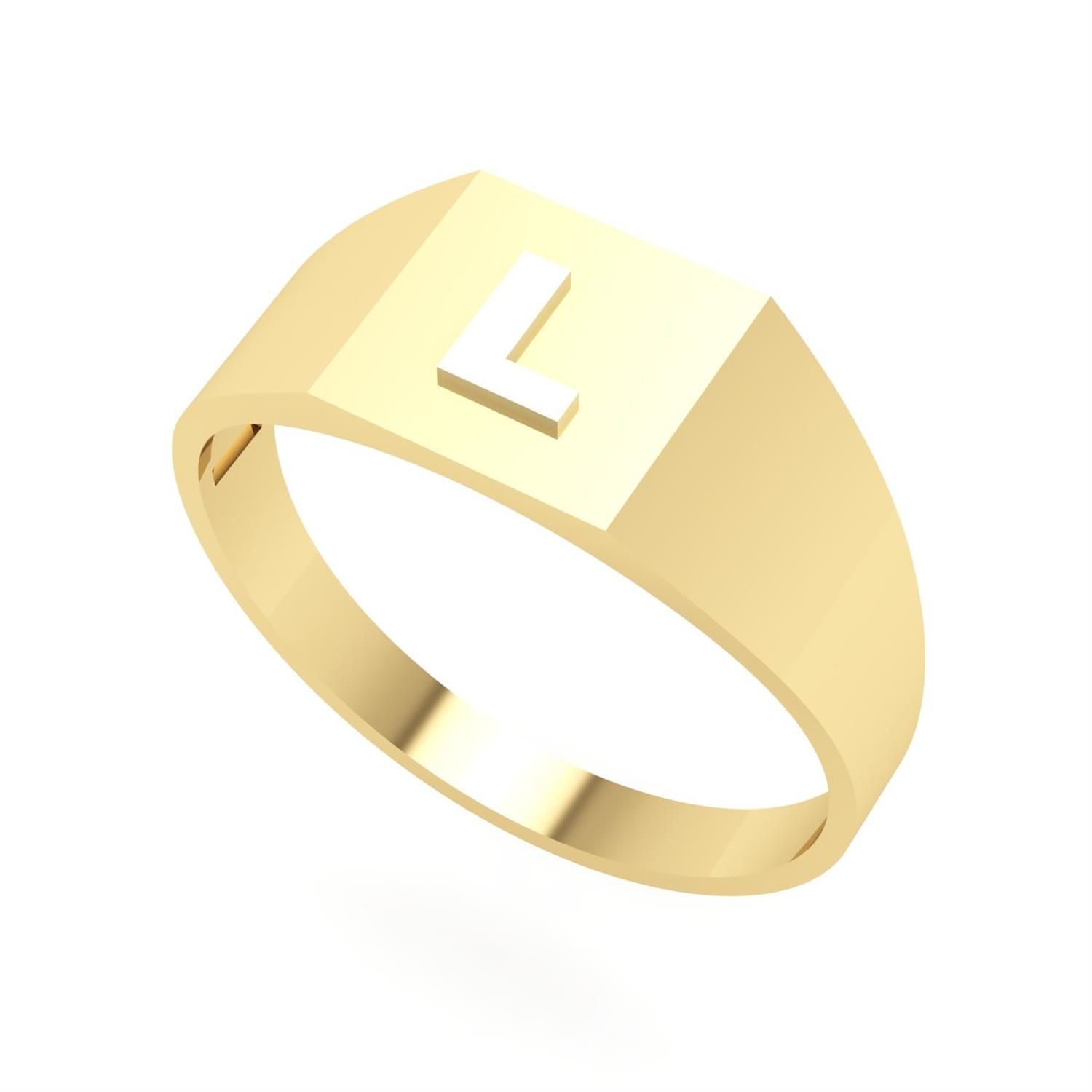 Anel Chancela Quadrado com Letra Branca Ouro 18k