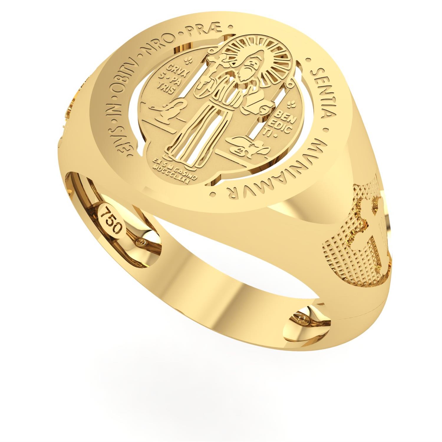 Anel São Bento Escudo Lateral Grande Ouro 18k