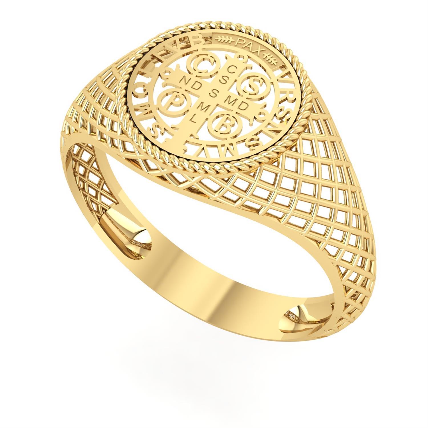 Anel Medalha Redonda de São Bento Vazada Ouro 18k