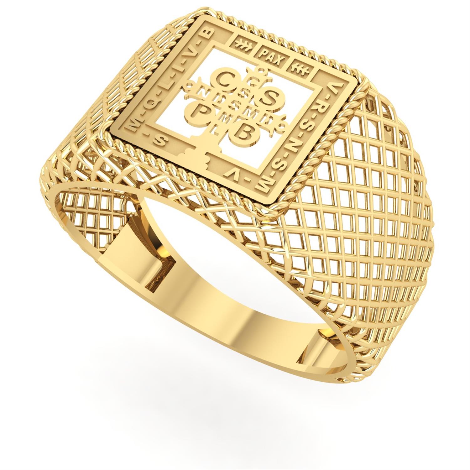 Anel Medalha Quadrada de São Bento Aro Telado Ouro 18k