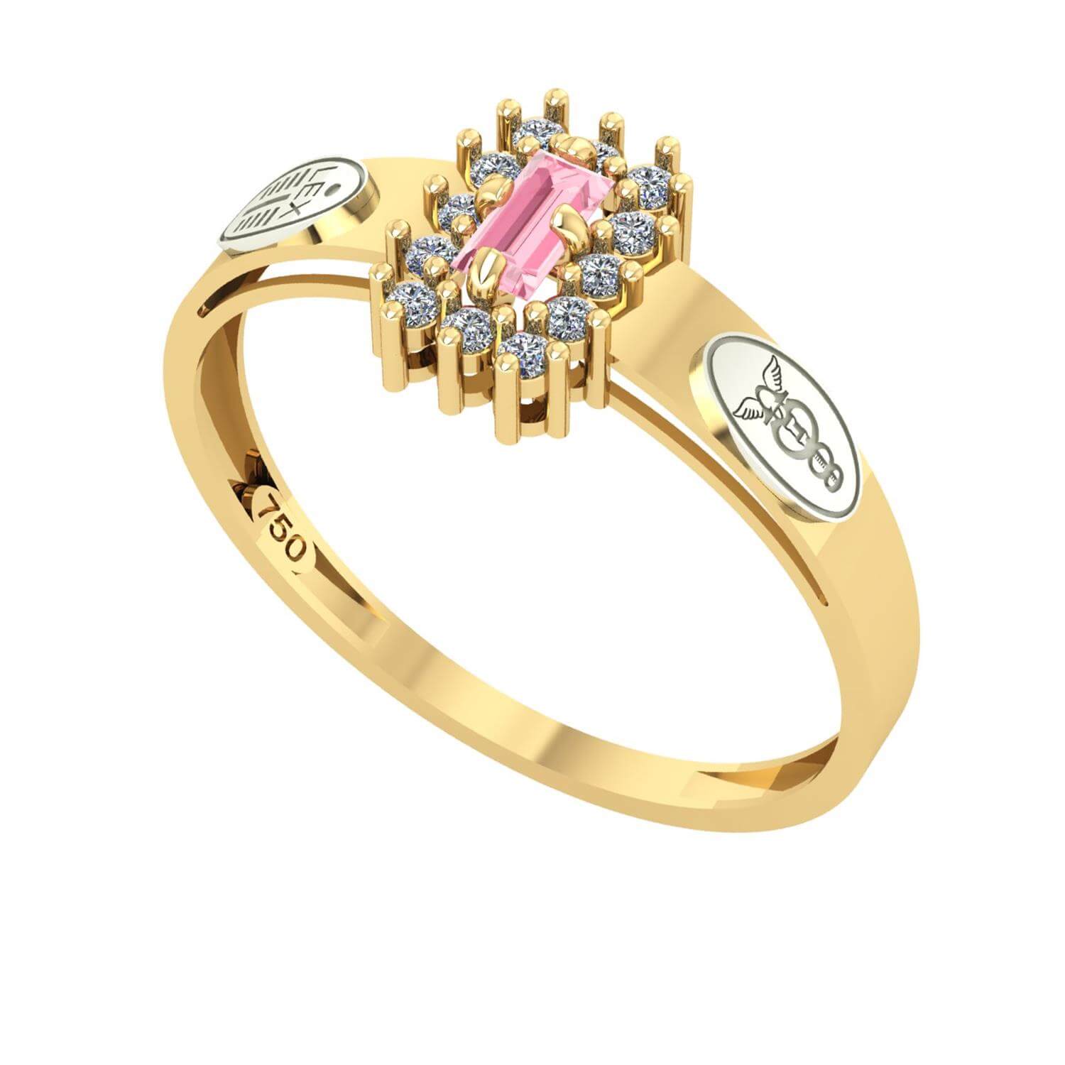 Anel Formatura Ciências Contábeis Baguete Aro Detalhe Vazado Ouro 18K