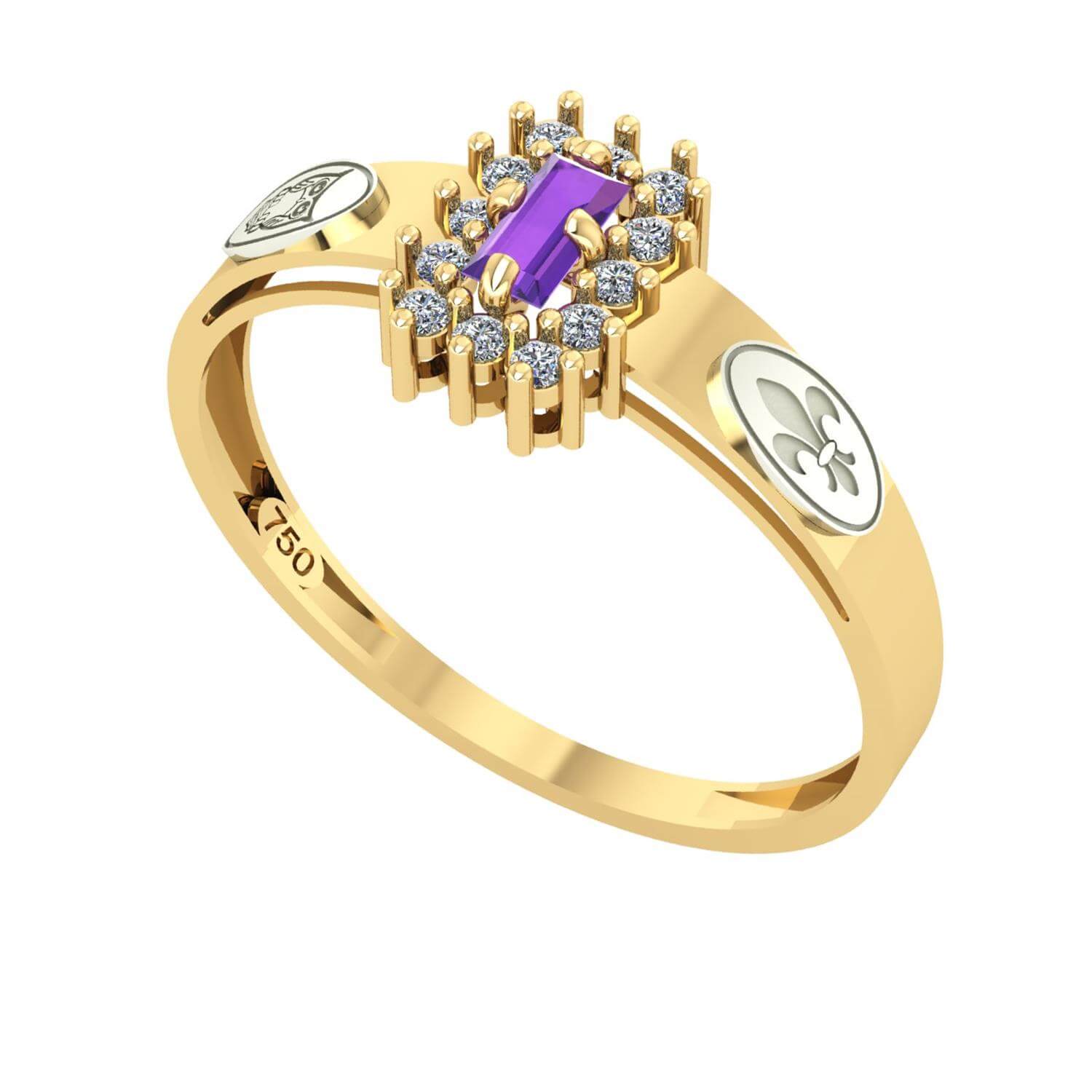 Anel Formatura Letras Baguete Aro Detalhe Vazado Ouro 18K