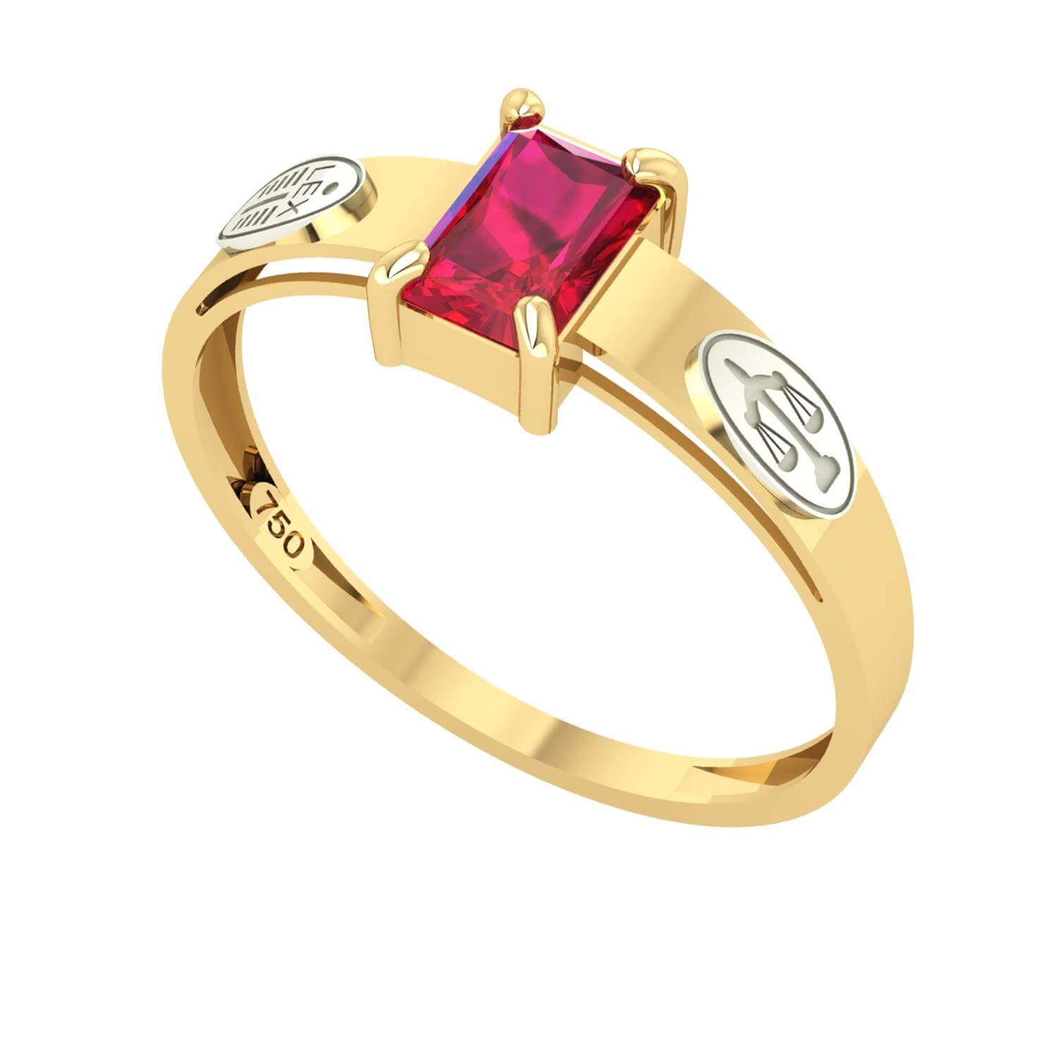 Anel Formatura Direito Retangular Aro Detalhado Ouro 18K