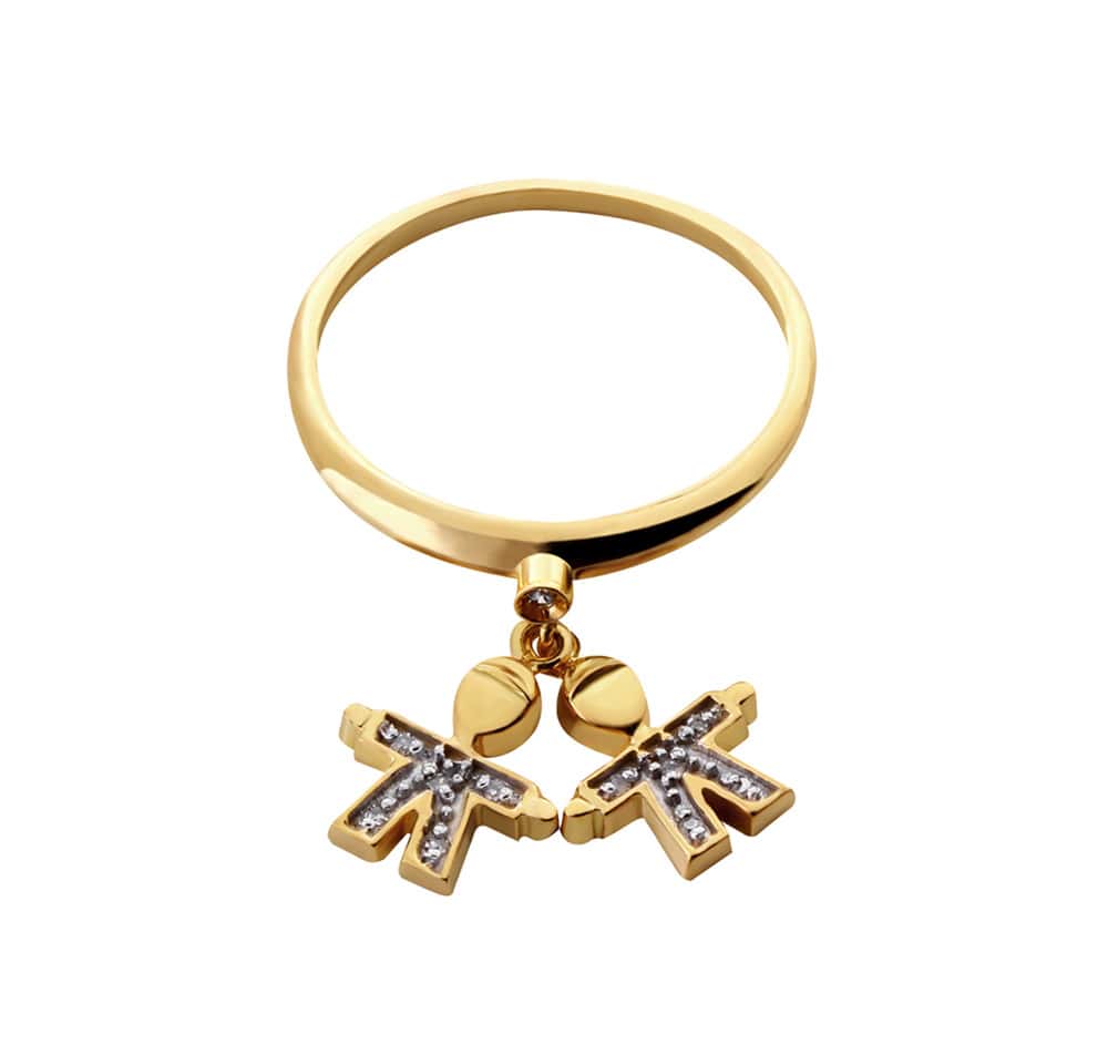 Anel Dois Meninos com Diamante Ouro 18k
