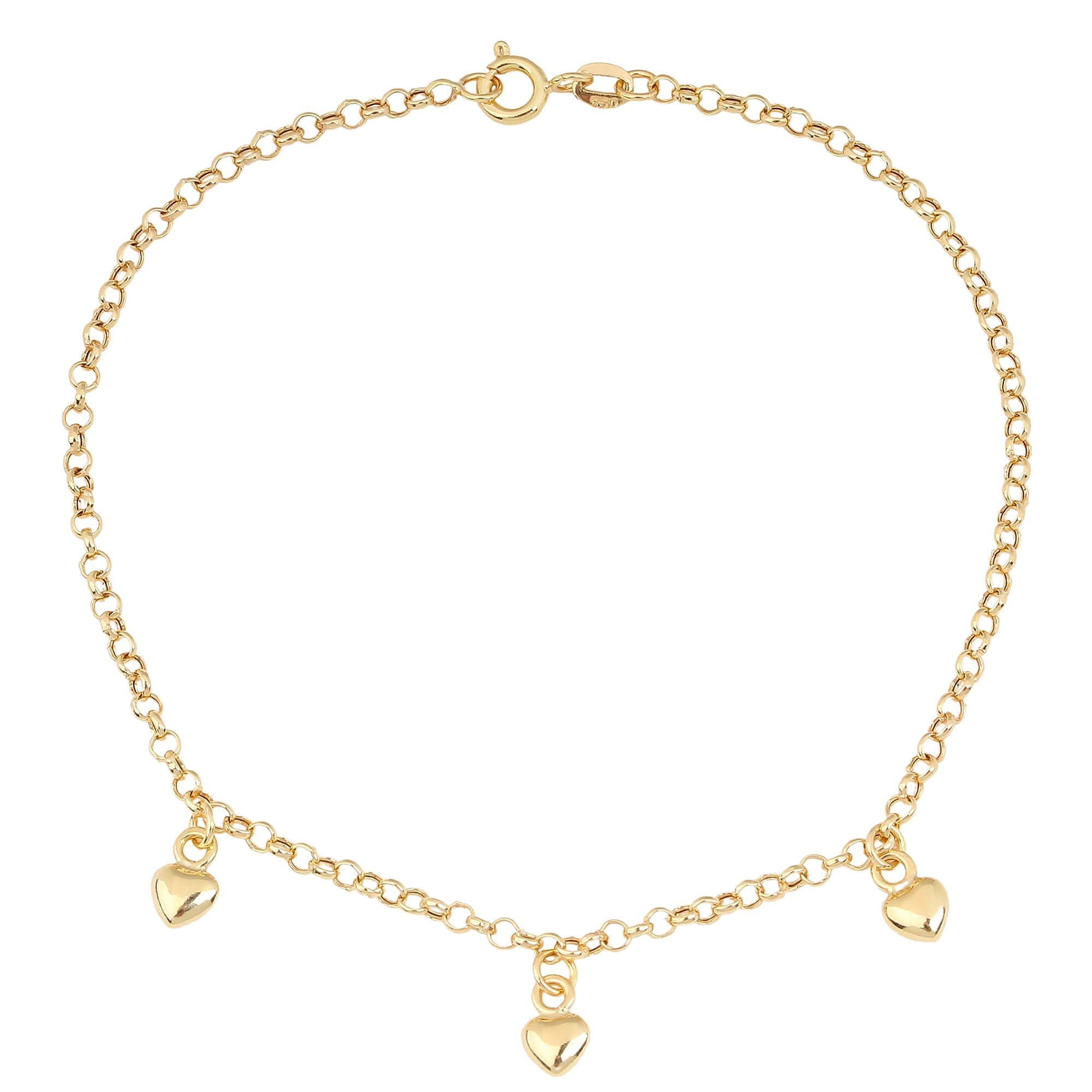 Pulseira Portuguesa Três Corações Lisos Ouro 18k