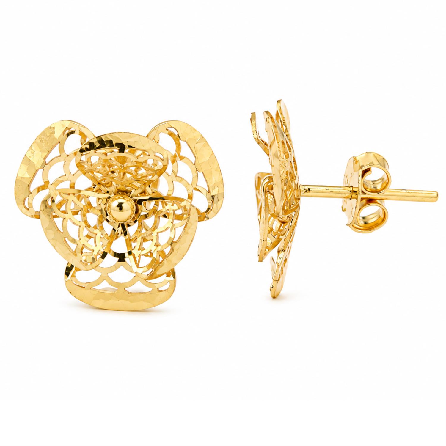 Brinco Flor Vazado Escama 3 Pétalas Ouro 18k