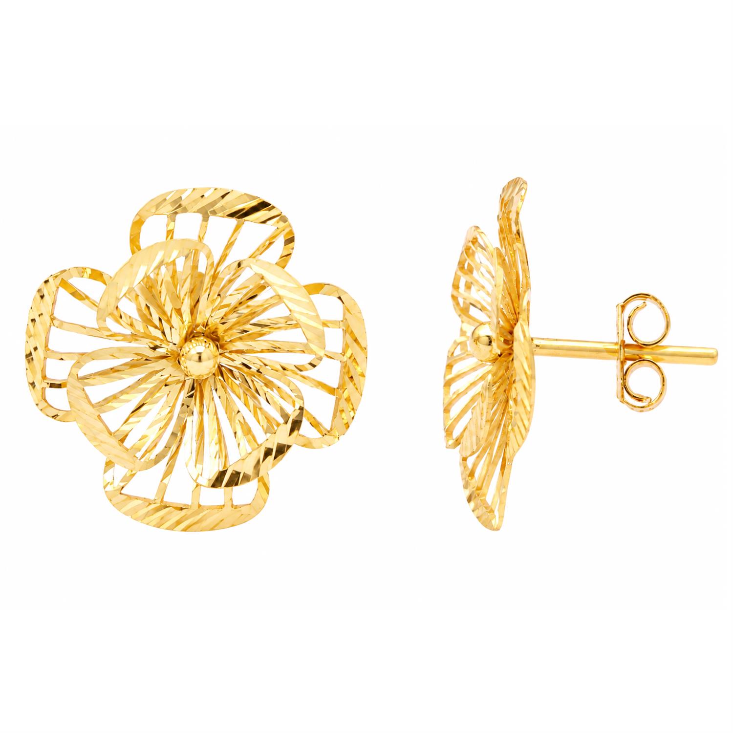 Brinco Flor Vazado Fios 4 Pétalas Ouro 18k