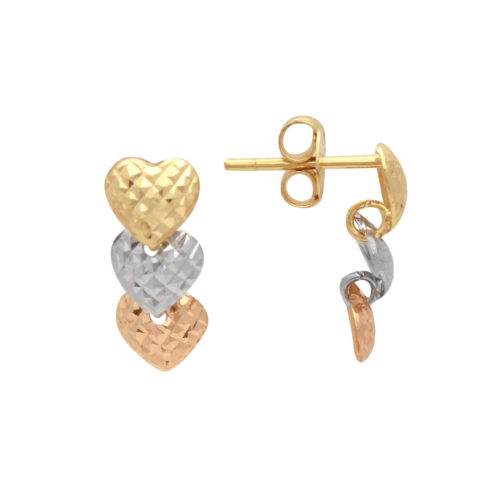 Brinco Três Corações Tricolor Diamantado Ouro 18k