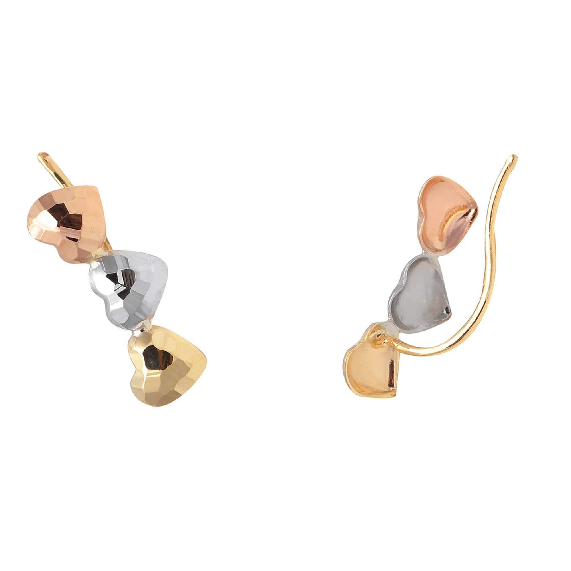 Brinco Ear Cuff Três Corações Tricolor Ouro 18k