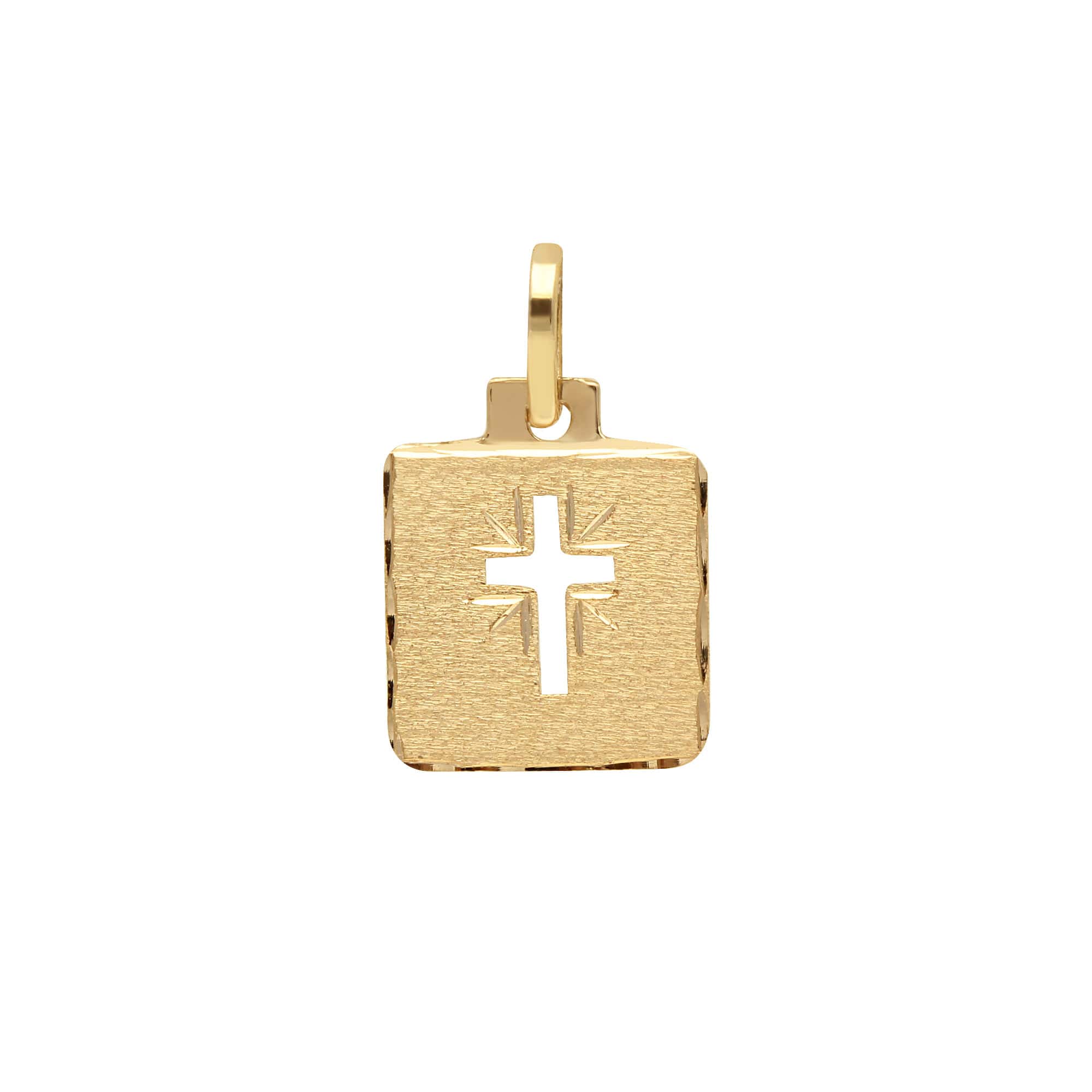 Pingente Placa de Cruz Vazada Diamantada e Fosca Pequeno Ouro 18k
