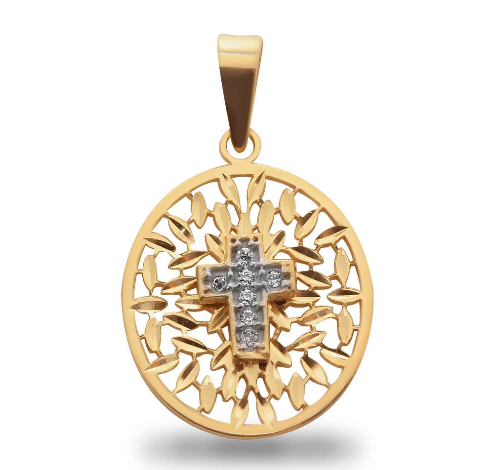 Pingente Oval Bordado de Cruz com Diamante Ouro 18k