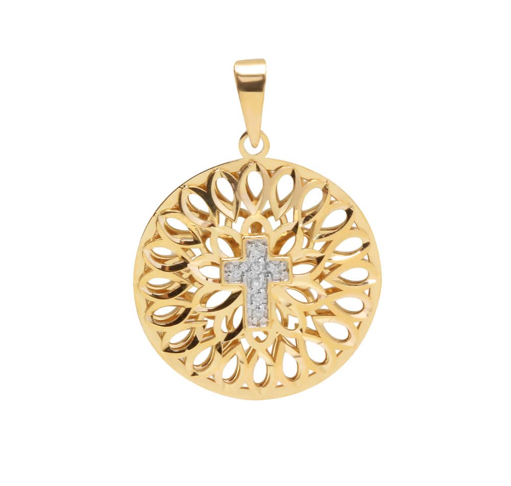 Pingente Mandala Bordada com Cruz e 7 Diamantes Ouro 18k