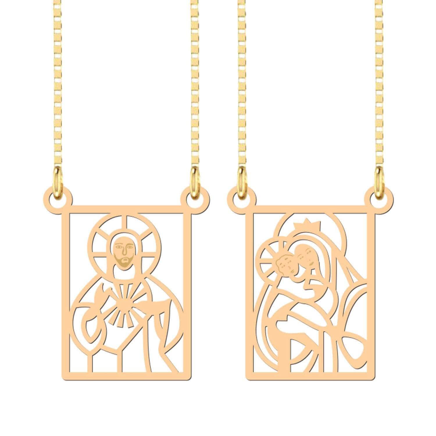 Pingente Escapulário Jesus e Nossa Senhora Grande Ouro 18k