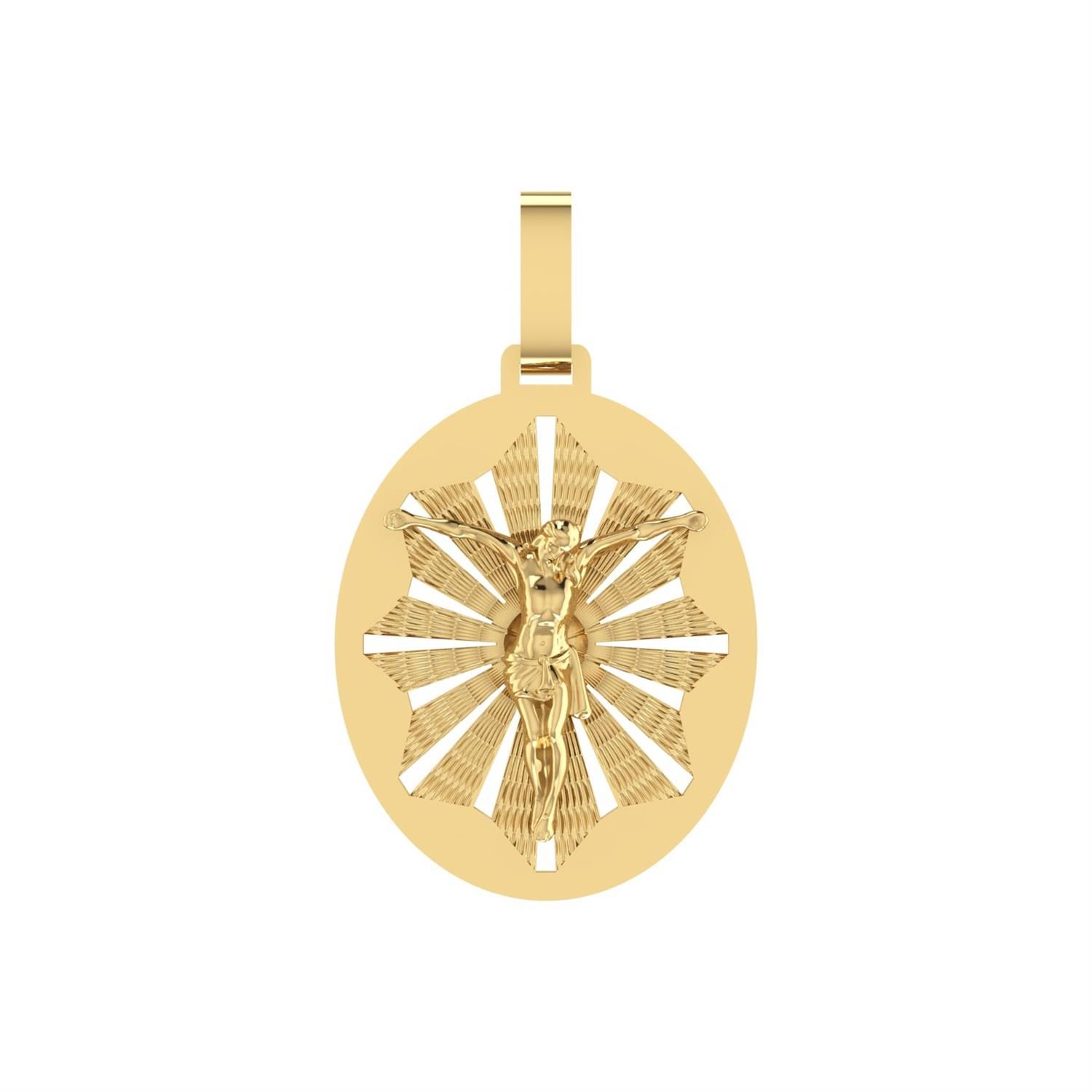 Pingente Oval Cristo com Fundo Bordado em Ouro 18k