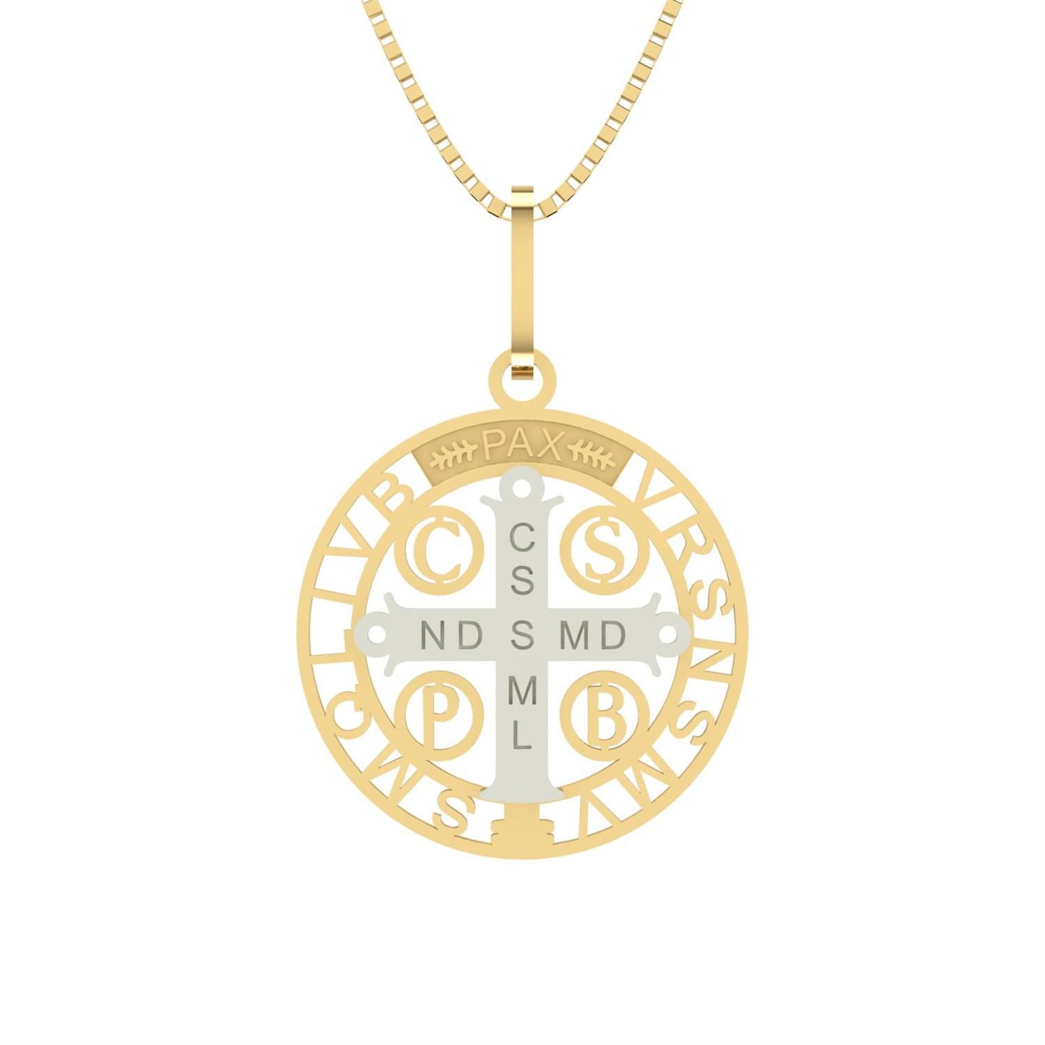 Pingente São Bento com Cruz em Ouro Branco e Ouro 18k
