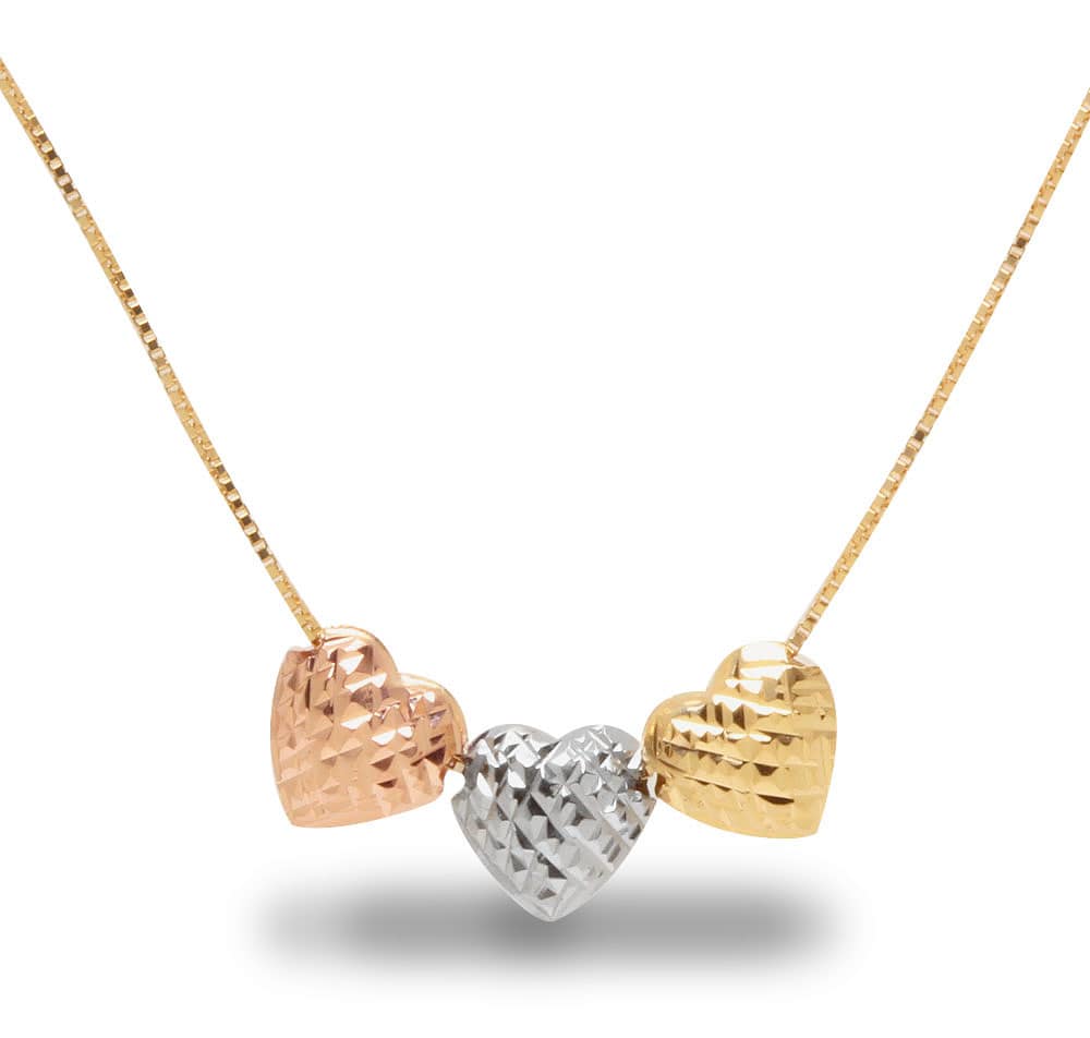 Gargantilha Três Corações Tricolor com Quadrados Ouro 18k