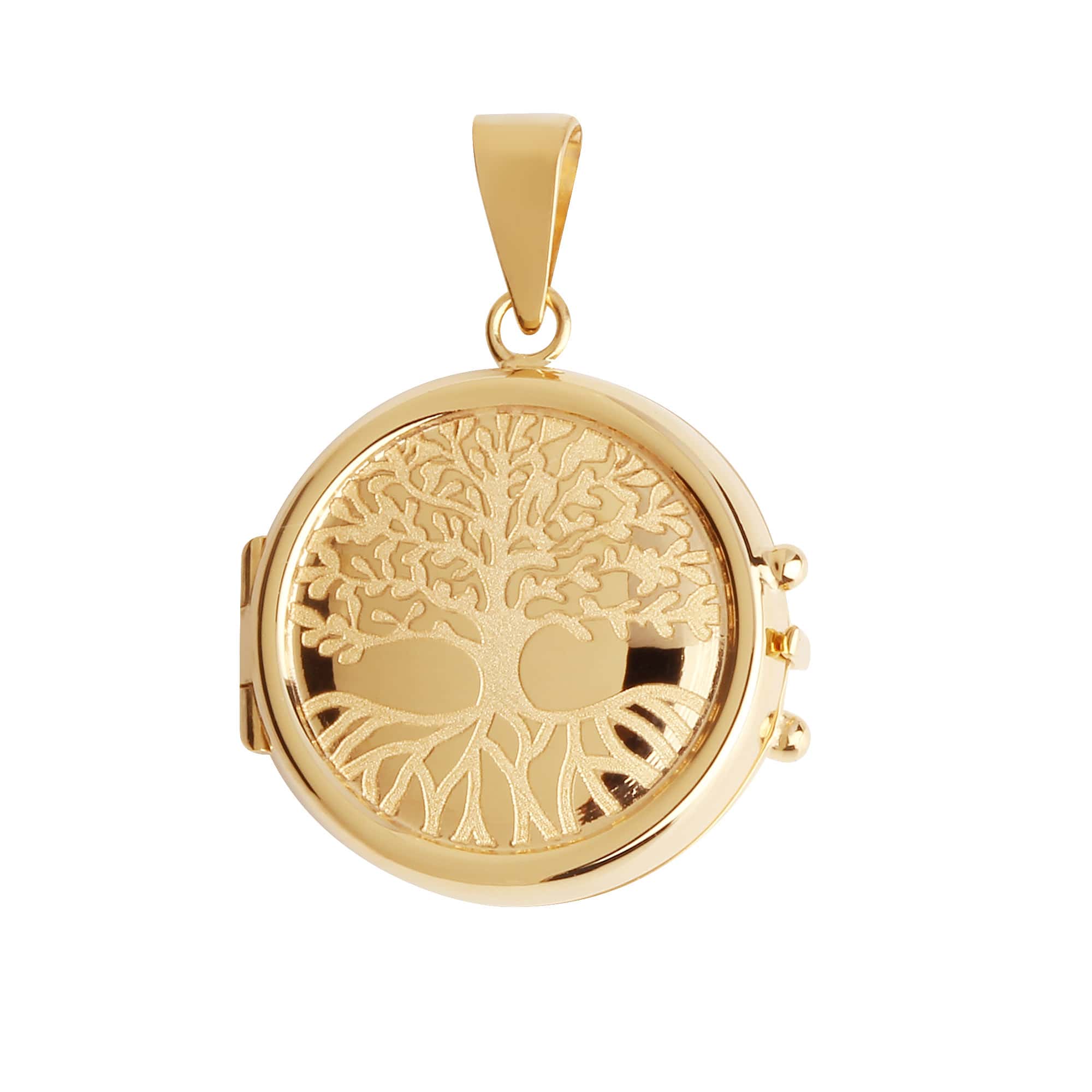 Pingente Relicário Redondo Gravado Árvore da Vida Ouro 18k