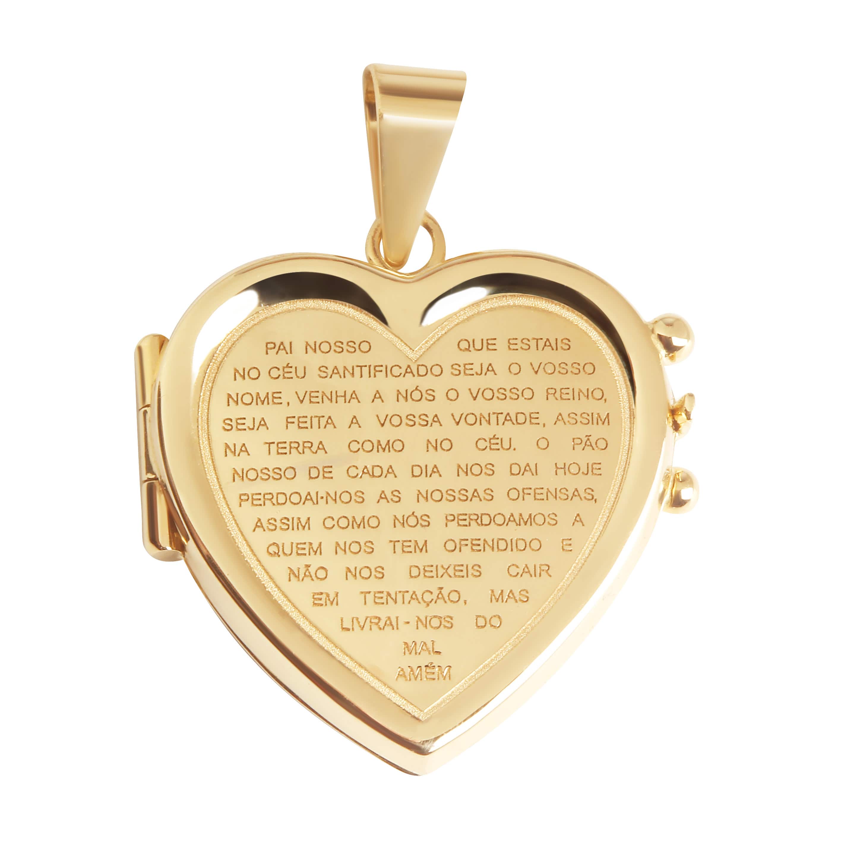 Pingente Relicário Coração Gravado Pai Nosso Ouro 18k