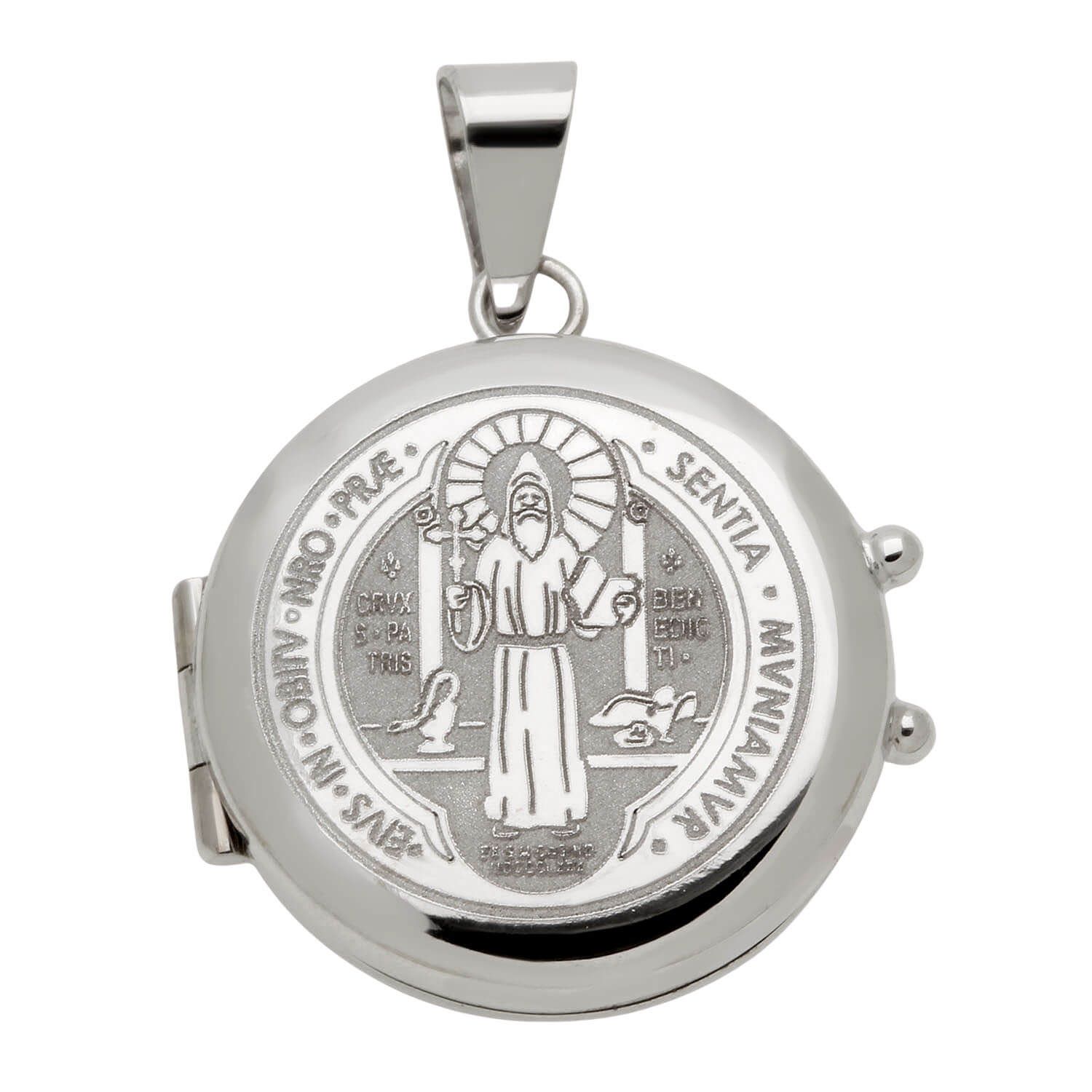 Pingente Relicário Redondo São Bento Ouro Branco 18k