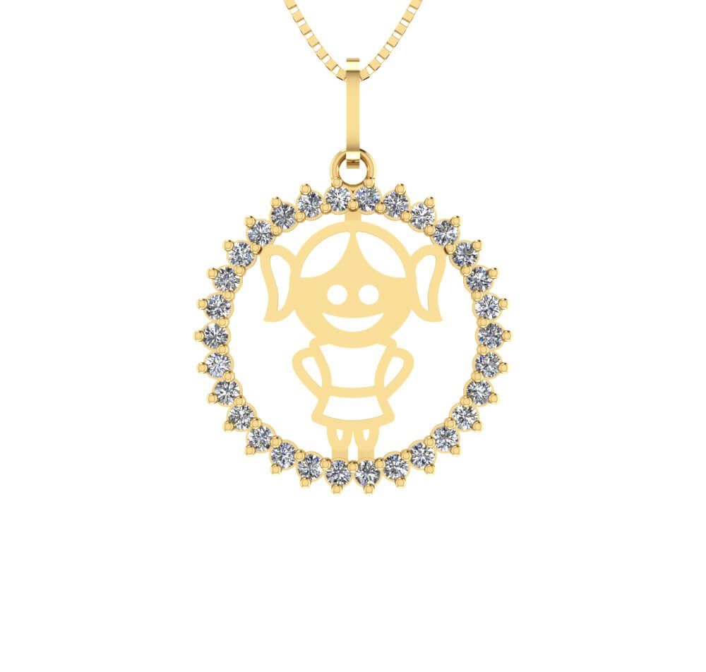 Pingente Menina Redondo Cravejado Ouro 18k