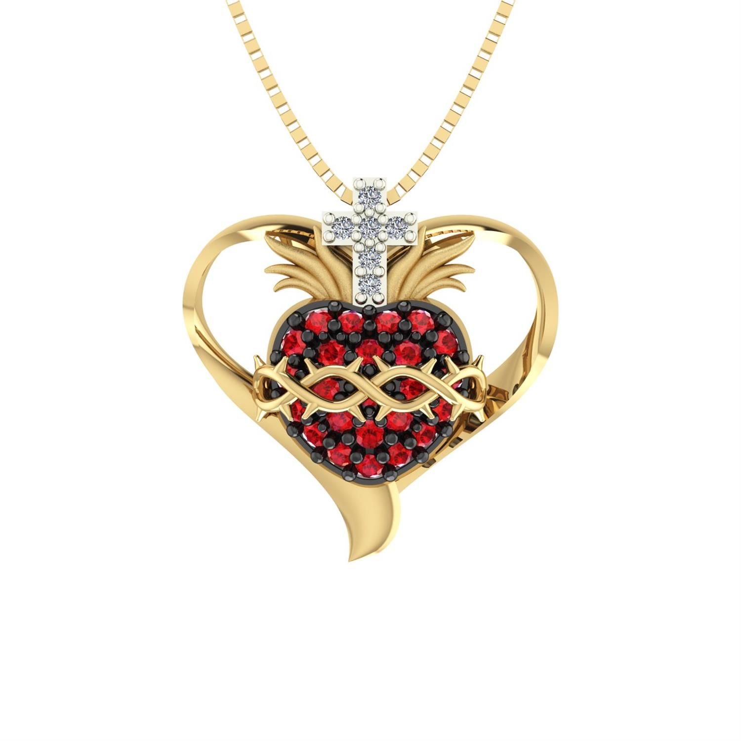 Pingente Sagrado Coração de Jesus com Coração Dourado Pequeno Ouro 18k