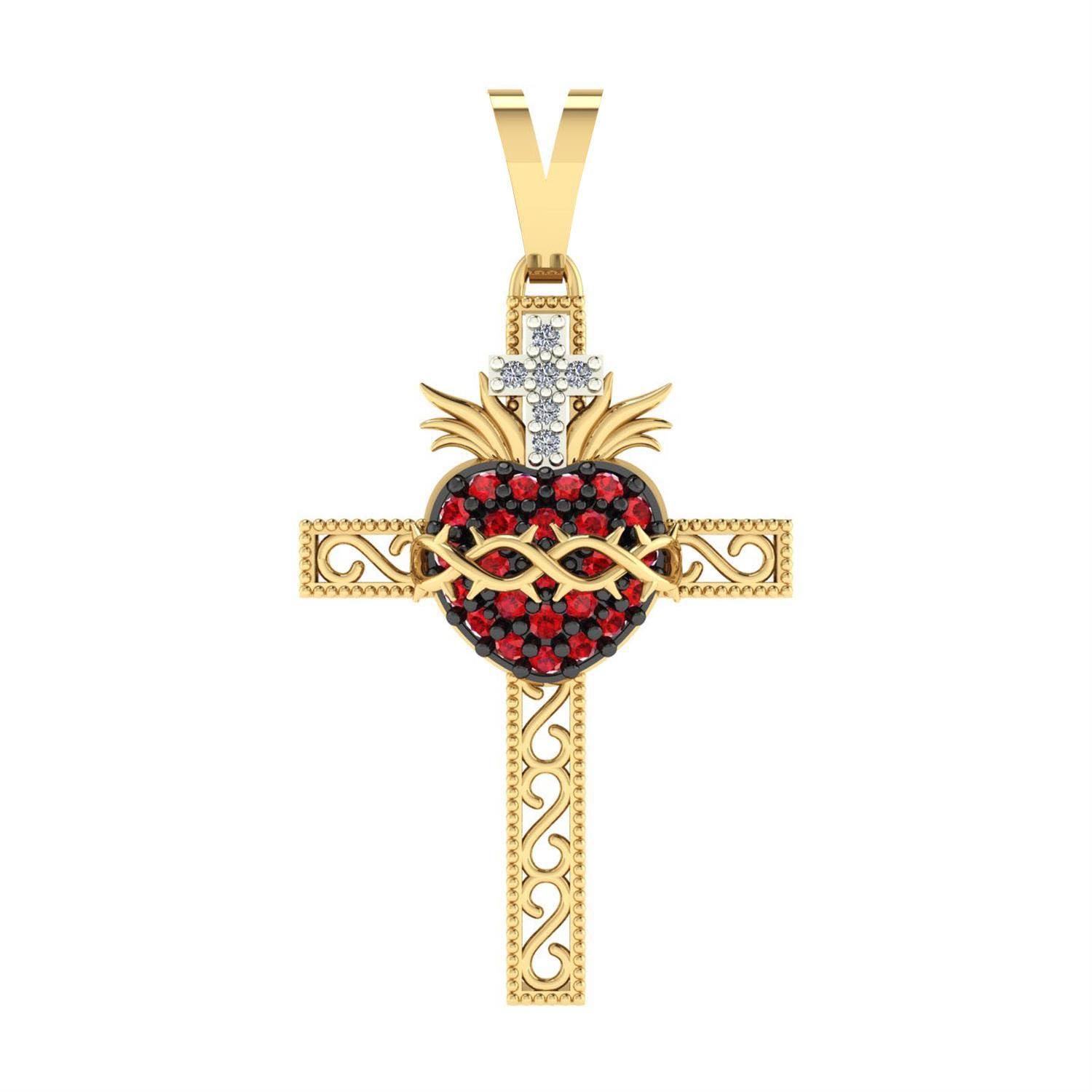 Pingente Sagrado Coração na Cruz Pequeno Ouro 18k