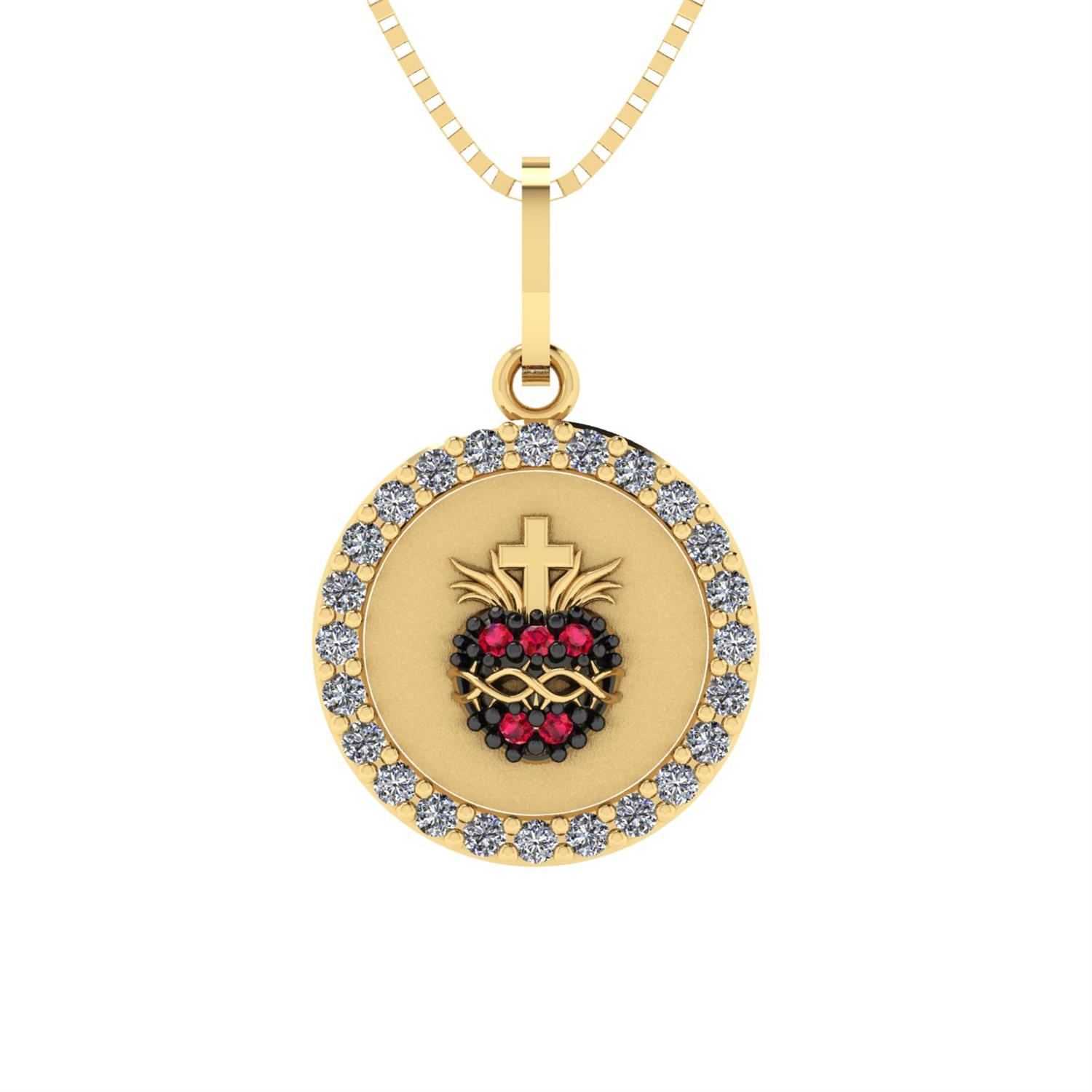 Pingente Redondo G Coração Sagrado Com Pedras Ouro 18k