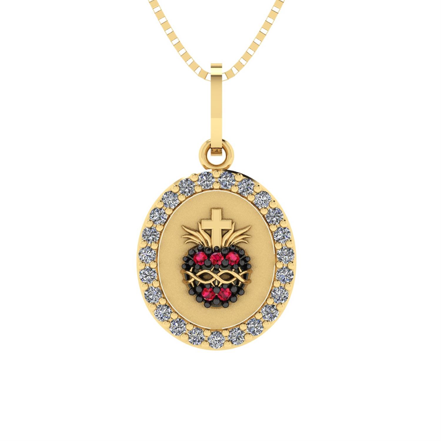 Pingente Oval Coração Sagrado Com Pedras Ouro 18k