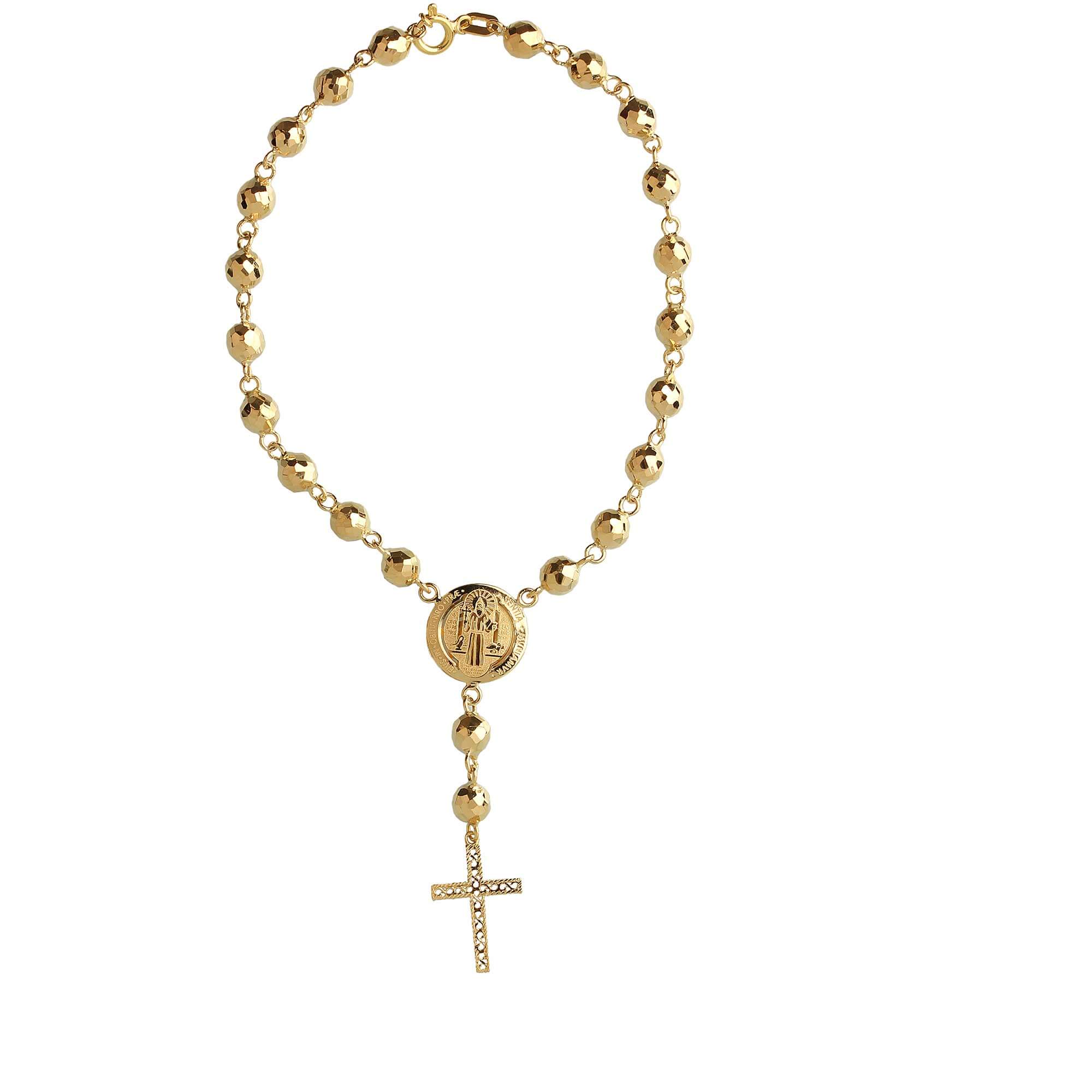 Pulseira Terço São Bento Bola 7mm Diamantada Ouro 18k