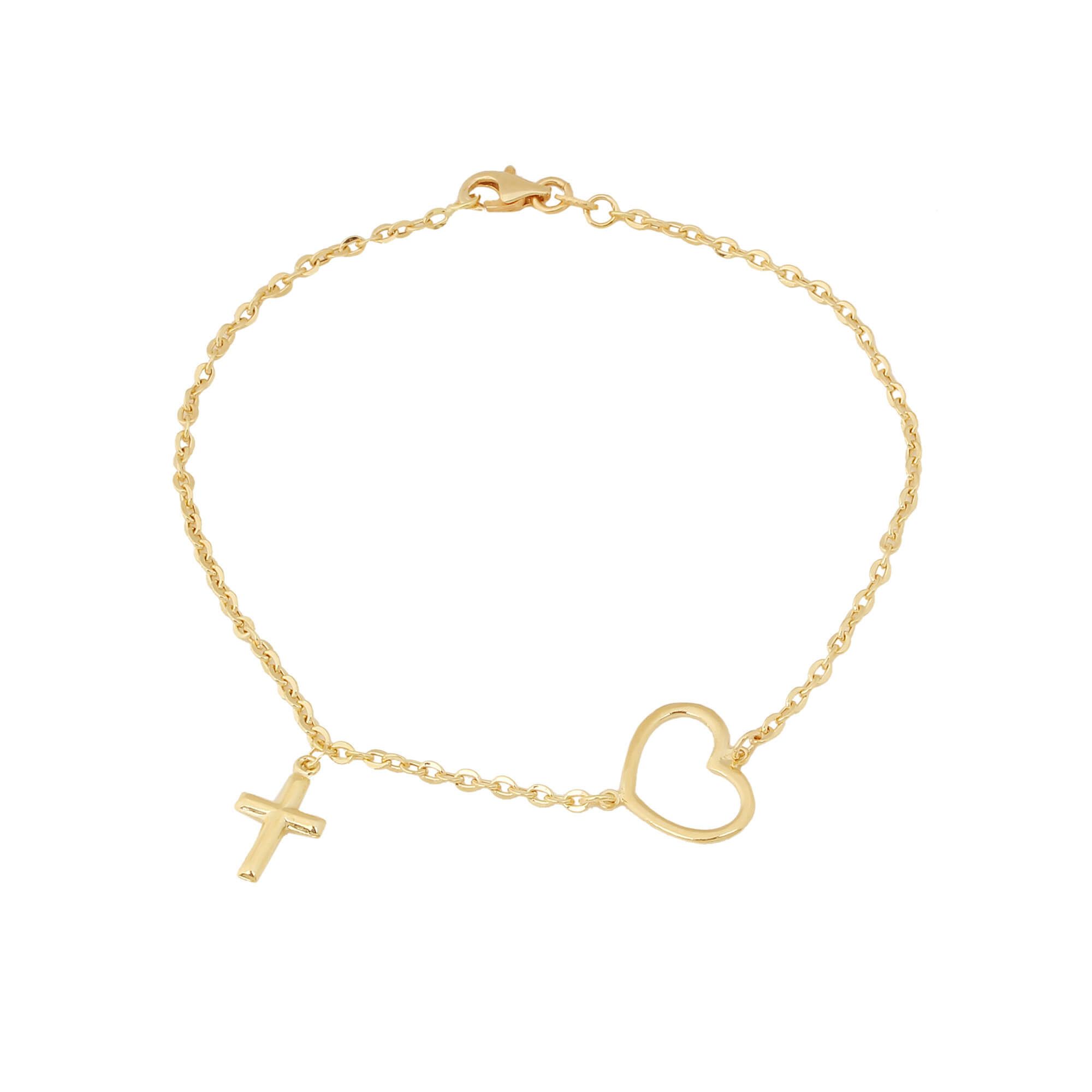 Pulseira Bailarina Coração e Cruz em Ouro 18k