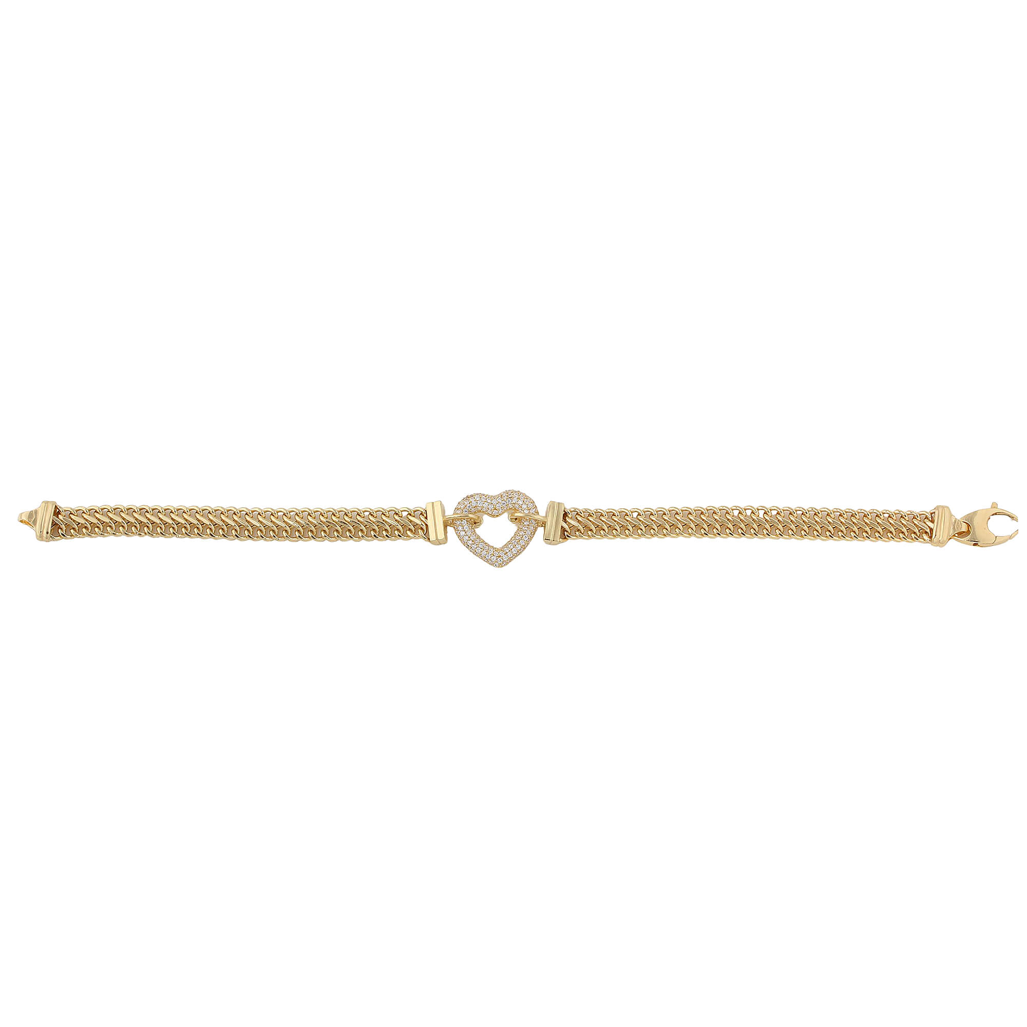 Pulseira Lacraia Coração Cravejado 19cm Ouro 18k