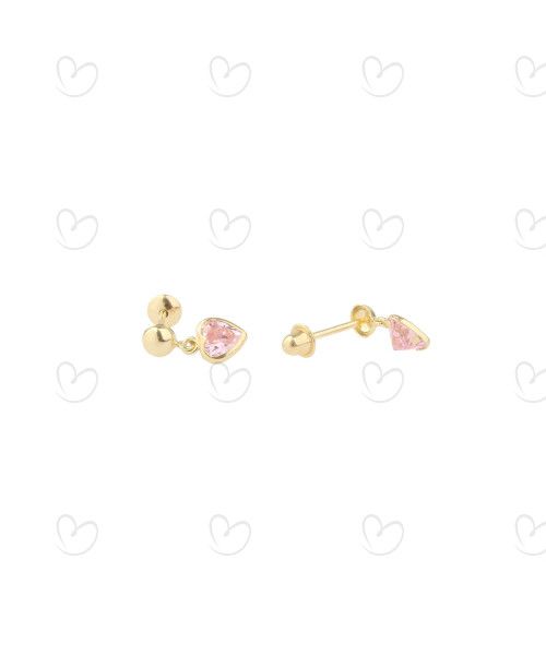 Brinco em Ouro 18k/750 Baby Coração Cristal Pendurado Rosa