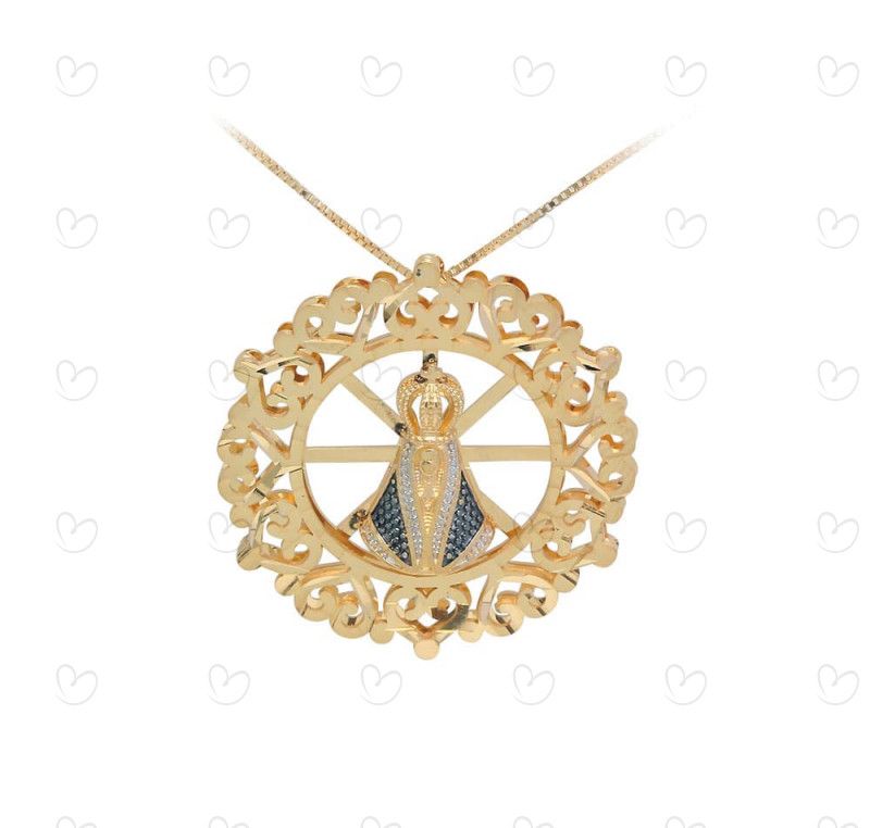 Pingente em Ouro 18k/750 Mandala Nossa Senhora Aparecida Dupla com Corrente Veneziana