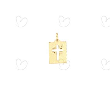 Pingente em Ouro 18k/750 Placa com Cruz Vazada Diamantada e Fosca Grande