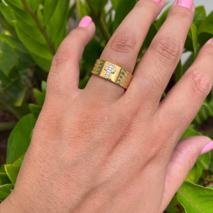 Aliança Anel Pai Nosso com Diamantes Ouro 18k