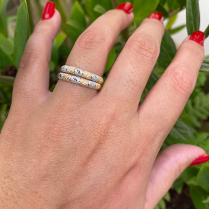 Anel Par Aparador Tricolor Fosco Diamantado Ouro 18k