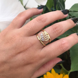 Anel de Coração Tricolor Diamantado Ouro 18k