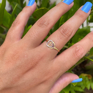 Anel Dois Corações Bicolor Diamantado Ouro 18k
