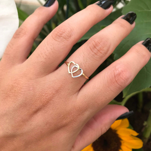 Anel Coração Bicolor Duplo Ouro 18k