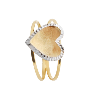 Anel Aro Duplo Coração Bicolor Diamantado e Fosco Ouro 18k
