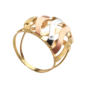 Anel Aro Duplo Trançado Grosso Tricolor Ouro 18k