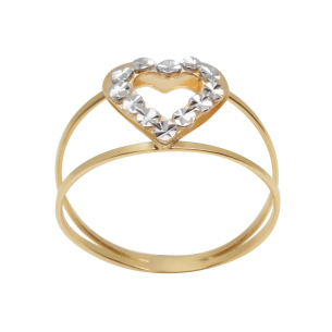 Anel Aro Duplo Coração Bicolor Diamantado Ouro 18k