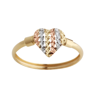 Anel Coração Tricolor Diamantado Vazado Ouro 18k