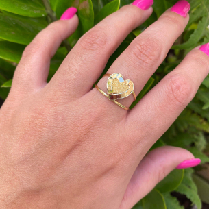 Anel Aro Duplo com Coração Diamantado e Martelado Ouro 18k