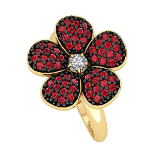 Anel Flor com Zircônias Vermelhas e Ródio Negro Ouro 18k