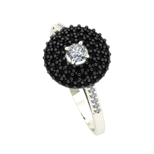 Anel Solitário Pavê Branco e Preto 3mm Ouro Branco 18k