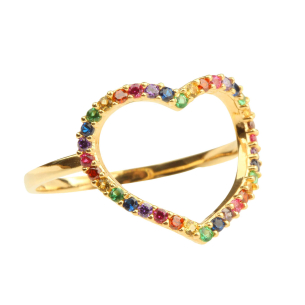 Anel Coração Grande Rainbow Colorido Ouro 18k