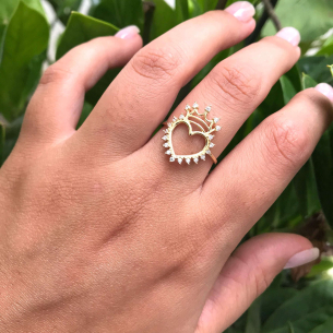 Anel Coração Coroa com Zircônias Ouro 18k